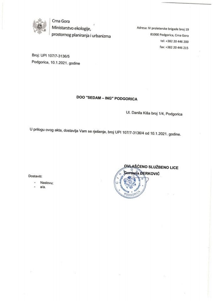 Rješenje o oduzimanju-ukidanju licence - UPI-107-7-3136-5 DOO SEDAM ING