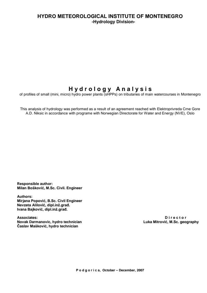 H y d r o l o g y   A n a l y s i s     of profiles of small (mini, micro) hydro power plants (sHPPs