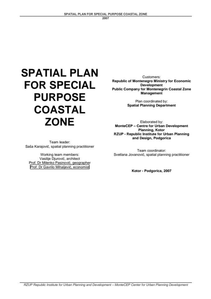 SPATIAL PLAN FOR SPECIAL PURPOSE COASTAL ZONE