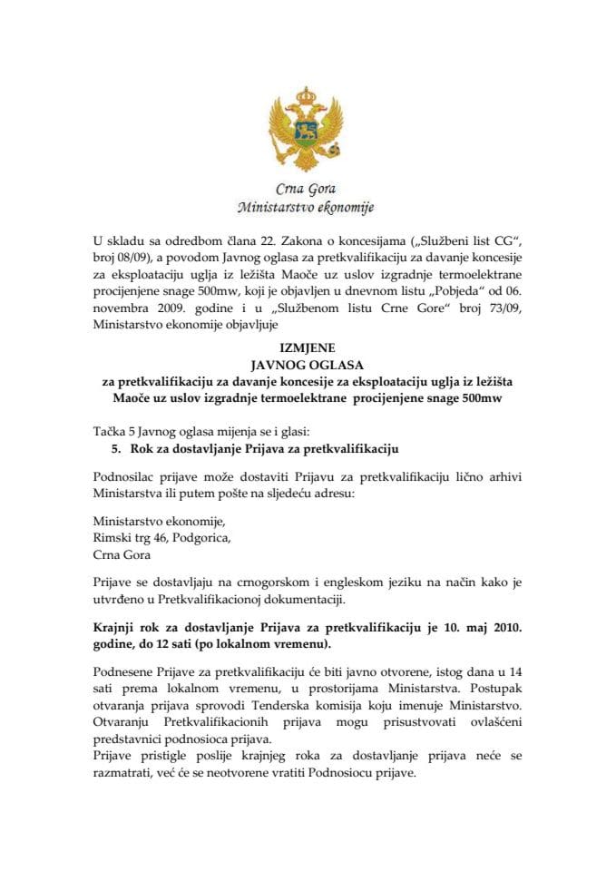 IZMJENE JAVNOG OGLASA za pretkvalifikaciju za davanje koncesije za eksploataciju uglja iz ležišta Ma