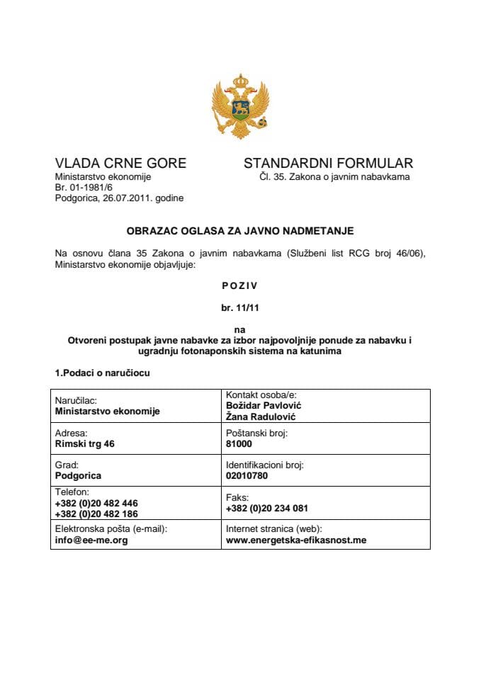 Javni poziv za otvoreni postupak javne nabavke za izbor najpovoljnije ponude za nabavku i ugradnju fotonaponskih sistema na katunima