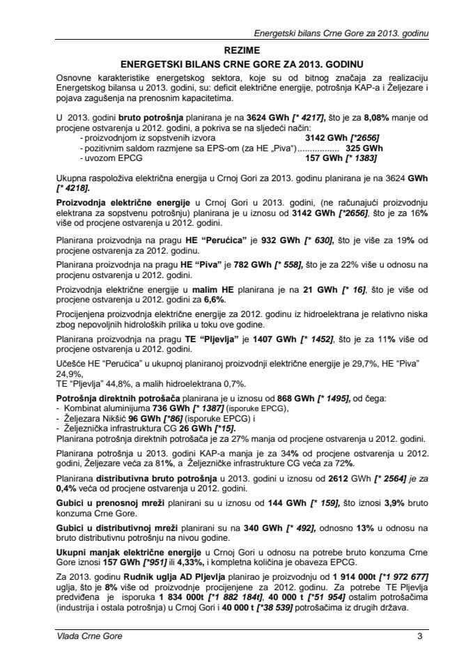 Energetski bilans Crne Gore za 2013. godinu 