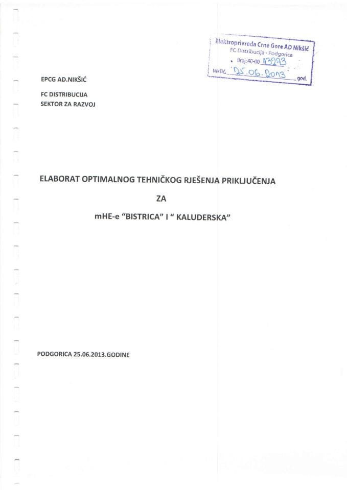 Elaborat o prikljucenju mHE Bistrica i Kaluđerska