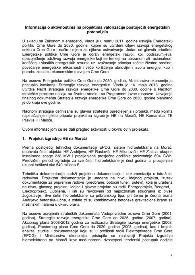 Informacija o aktivnostima na projektima valorizacije postojećih energetskih potencijala