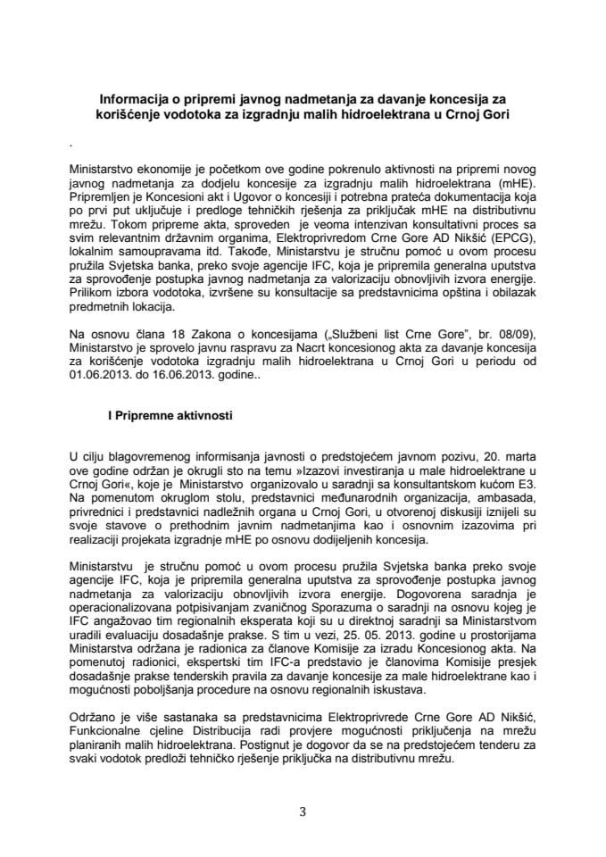 Informacija o pripremi javnog nadmetanja za davanje koncesija za korišćenje vodotoka za izgradnju malih hidroelektrana u Crnoj Gori