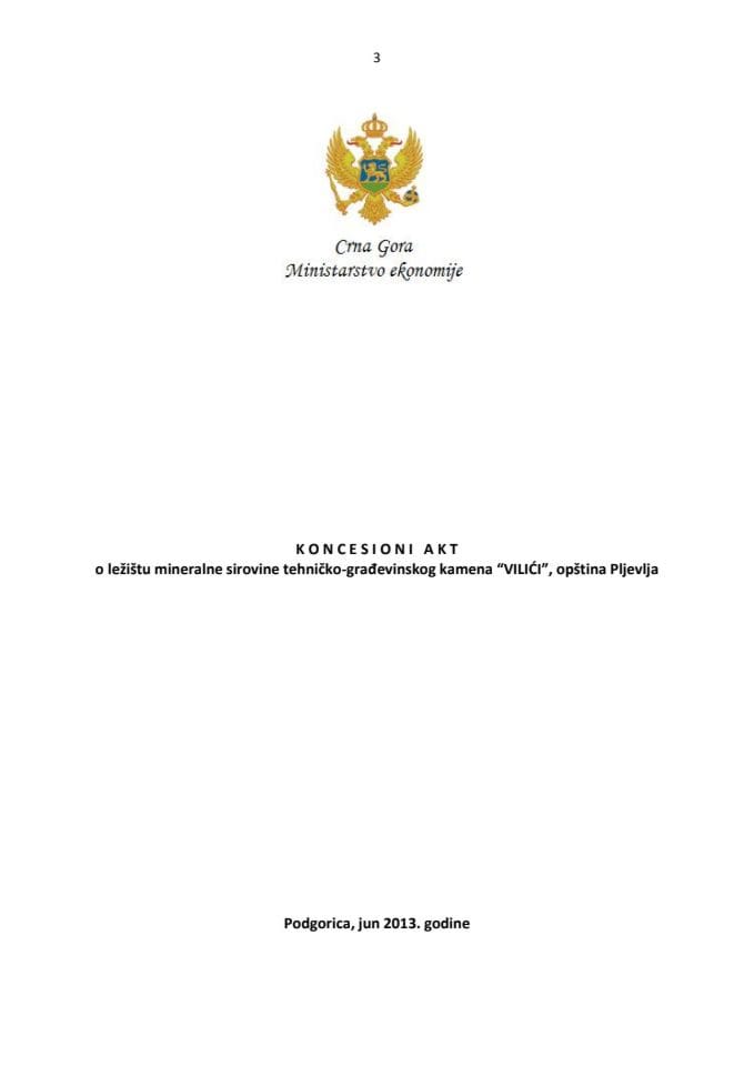 Предлог концесионог акта о лежишту минералне сировине техничко-грађевинског камена Вилићи Општина Пљевља