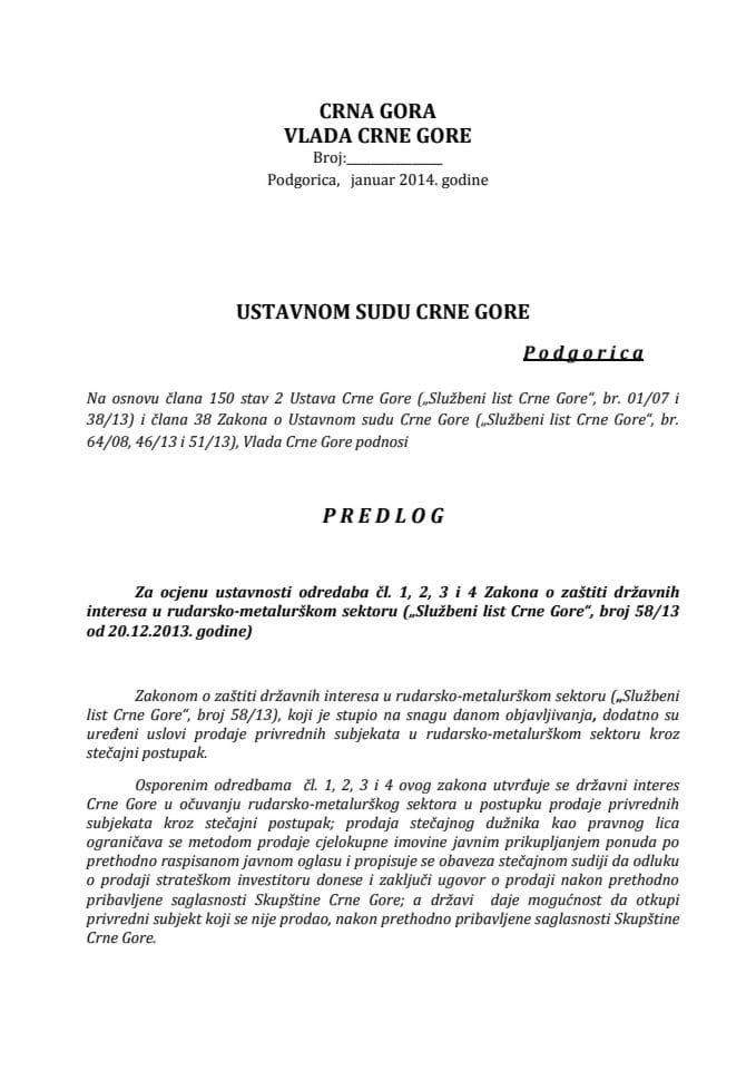 Predlog za ocjenu ustavnosti odredaba čl. 1, 2, 3 i 4 Zakona o zaštiti državnih interesa u rudarsko-metalurškom sektoru