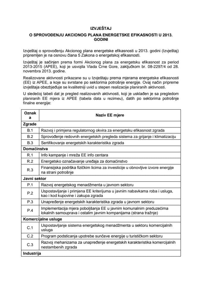 Izvještaj o sprovođenju Akcionog plana energetske efikasnosti u 2013. godini