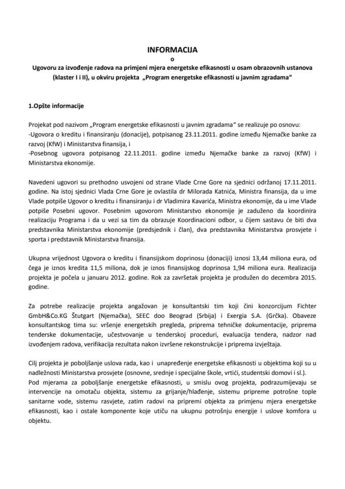 Informacija o izvođenju radova na primjeni mjera energetske efikasnosti