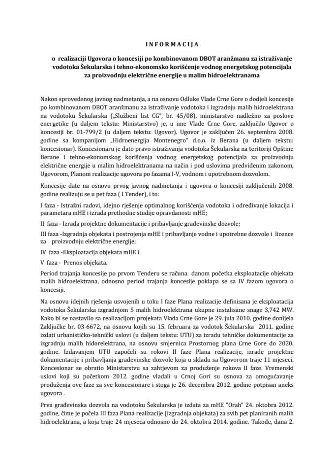 Informacija o realizaciji Ugovora o koncesiji vodotoka Šekularska