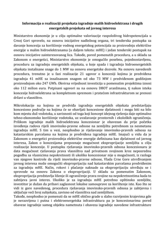 Informacija o realizaciji projekata izgradnje malih hidroelektrana i drugih energetskih projekata od javnog interesa