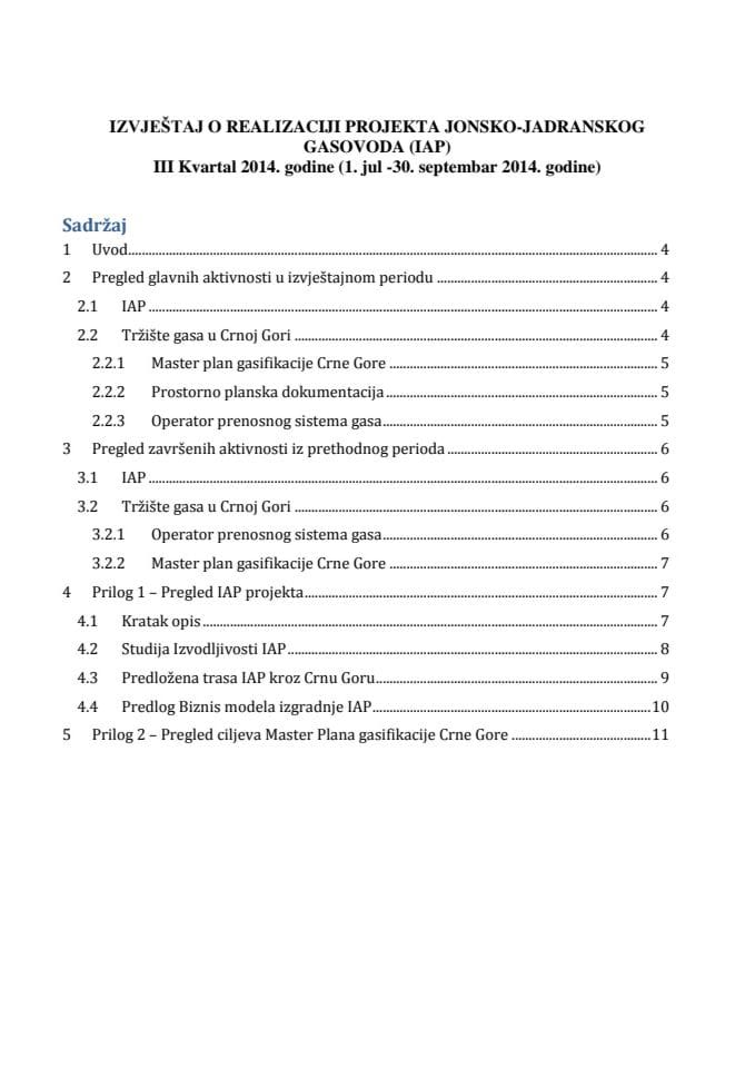 Izvještaj o realizaciji projekta jonsko-jadranskog gasovoda (IAP) za III kvartal 2014. godine