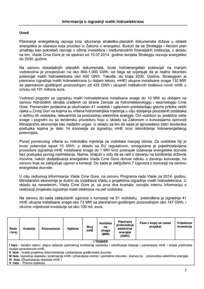 Informacija o izgradnji malih hidroelektrana