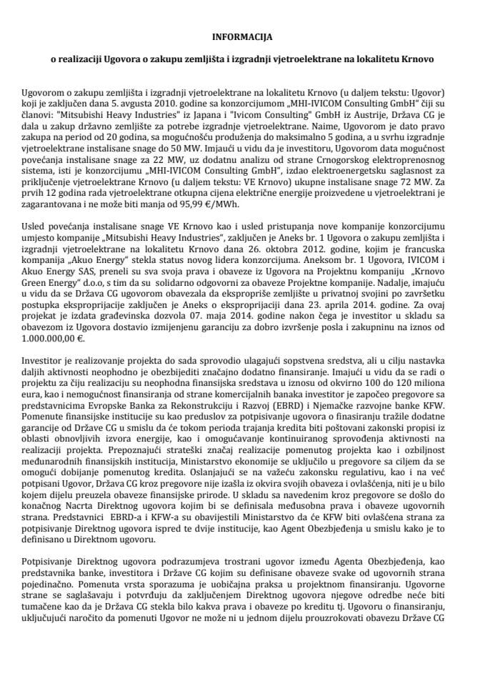 Informacija o realizaciji Ugovora o zakupu zemljišta i izgradnji vjetroelektrane  Krnovo