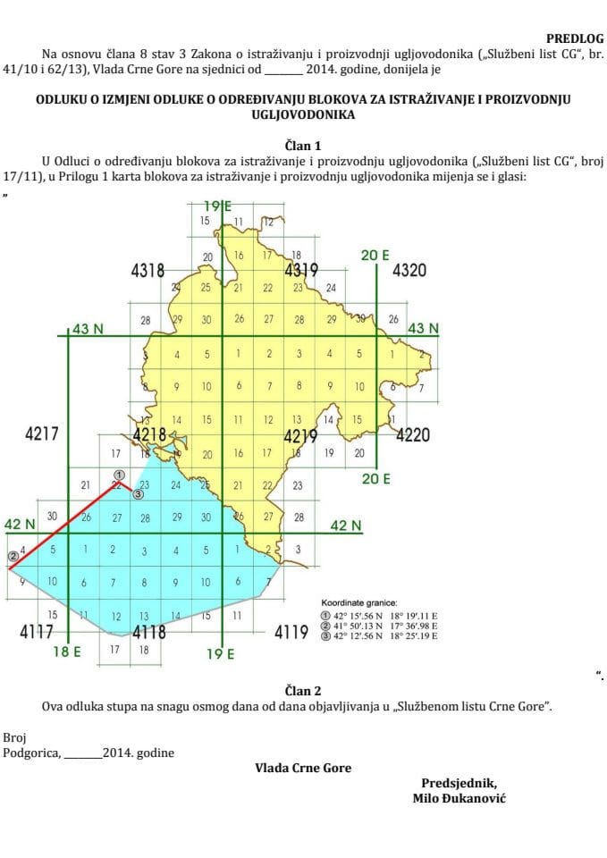 Predlog odluke o izmjeni Odluke o određivanju blokova za istraživanje i proizvodnju ugljovodonika