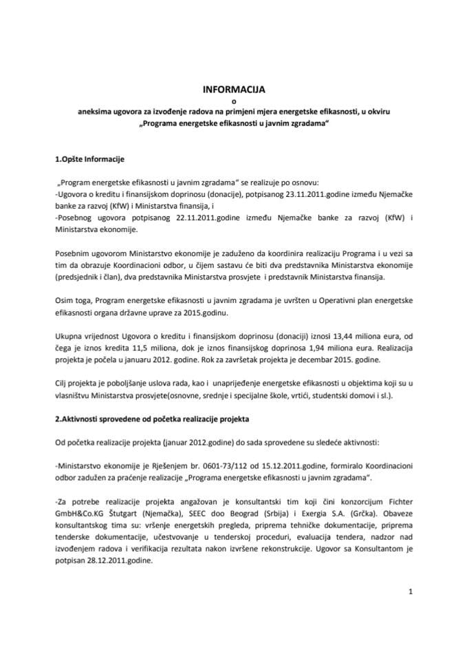 Informacija o aneksima ugovora za izvođenje radova na primjeni mjera energetske efikasnosti u okviru "Programa energetske efikasnosti u javnim zgradama" s predlozima aneksa