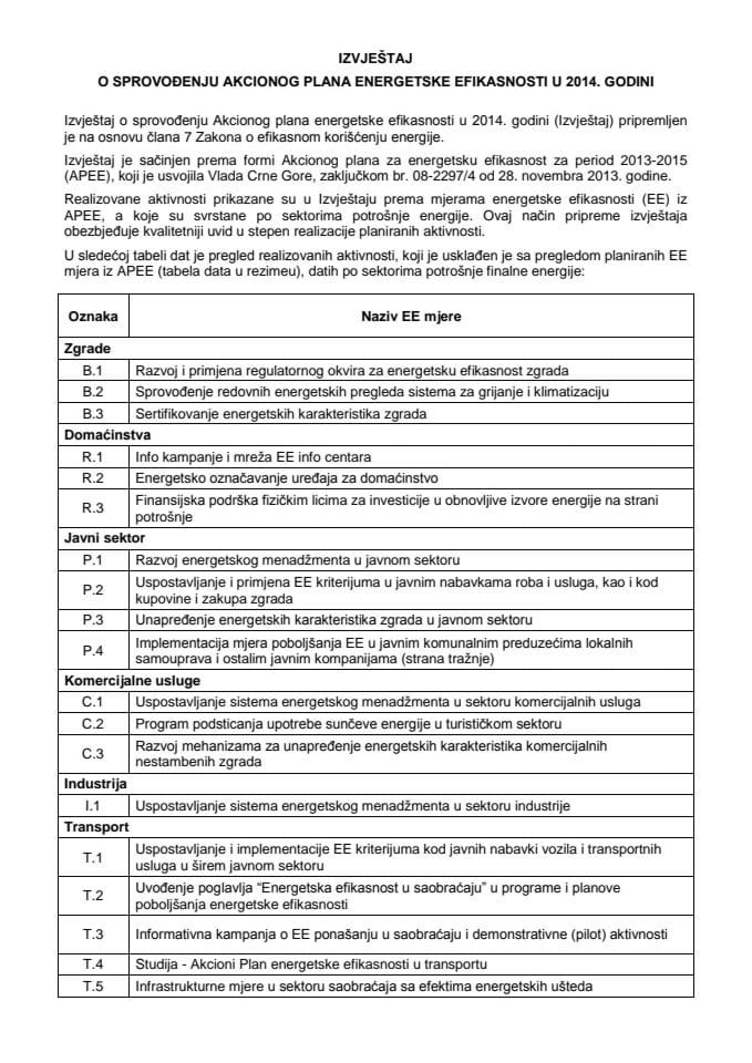 Извјештај о спровођењу Акционог плана енергетске ефикасности у 2014. години