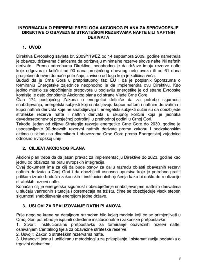 Informacija o pripremi Predloga akcionog plana za sprovođenje direktive o obaveznim strateškim rezervama nafte i/ili naftnih derivata s Predlogom akcionog plana 