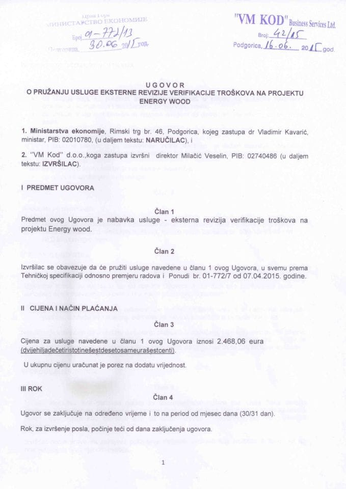 Ugovor o pružanju usluga eksterne revizije verifikacije troškova na projektu Energy wood