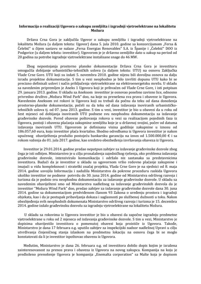 Informacija o realizaciji Ugovora o zakupu zemljišta i izgradnji vjetroelektrane na lokalitetu Možura