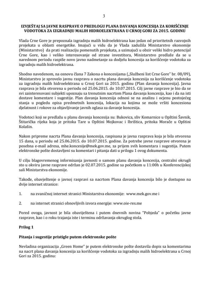 Predlog plana davanja koncesija za korišćenje vodotoka za izgradnju malih hidroelektrana u Crnoj Gori za 2015. godinu s Izvještajem sa javne rasprave