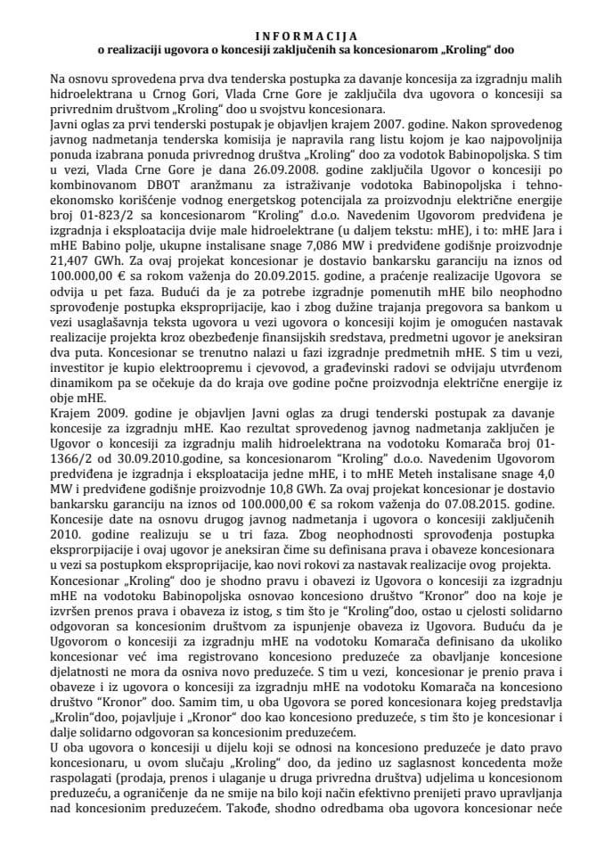 27 informacija o realizaciji ugovora o koncesiji zaključenih sa koncesionarom Kroling