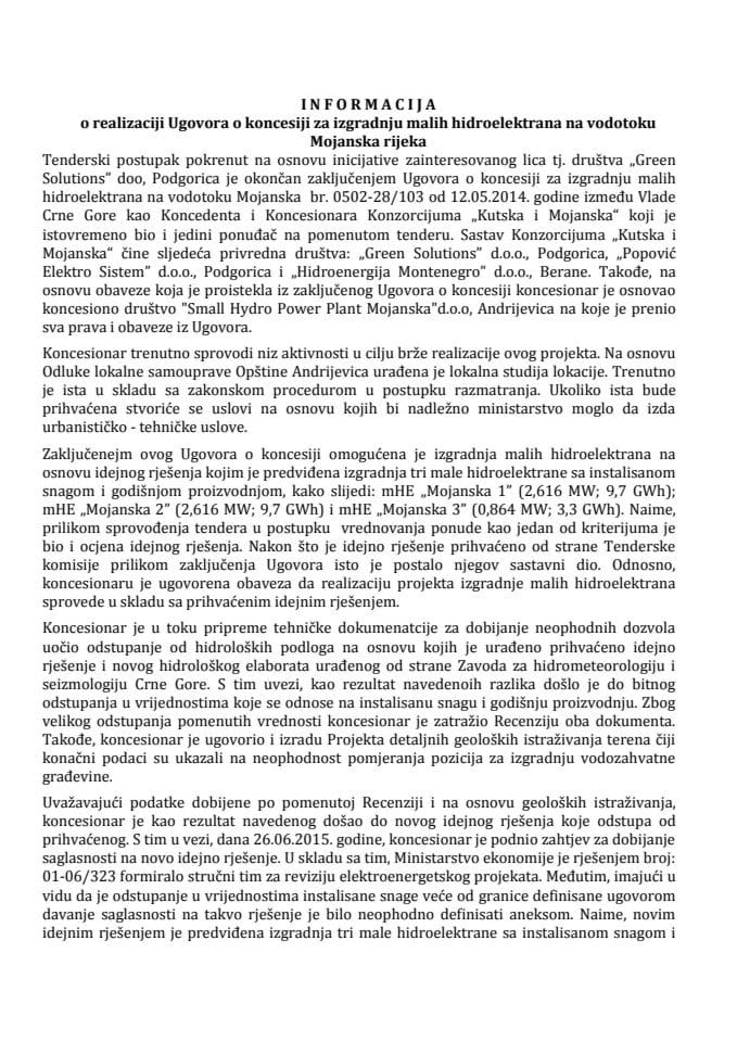 Informacija o realizaciji Ugovora o koncesiji za izgradnju malih hidroelektrana na vodotoku Mojanska rijeka s Predlogom aneksa br. 1 Ugovora o koncesiji za izgradnju malih hidroelektrana na vodotoku M