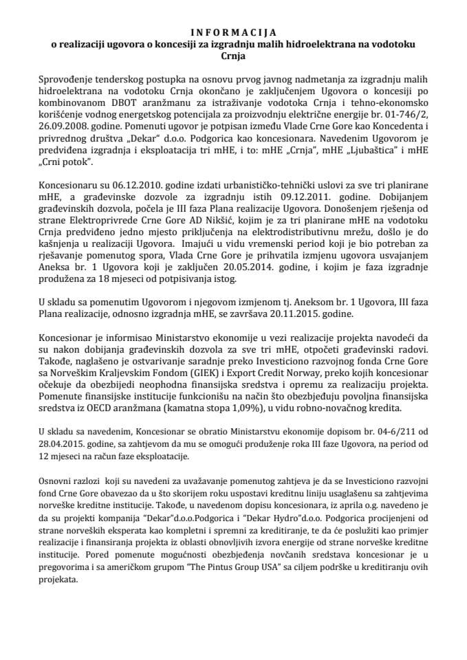 Informacija o realizaciji ugovora o koncesiji za izgradnju malih hidroelektrana na vodotoku Crnja s Predlogom aneksa br. 2