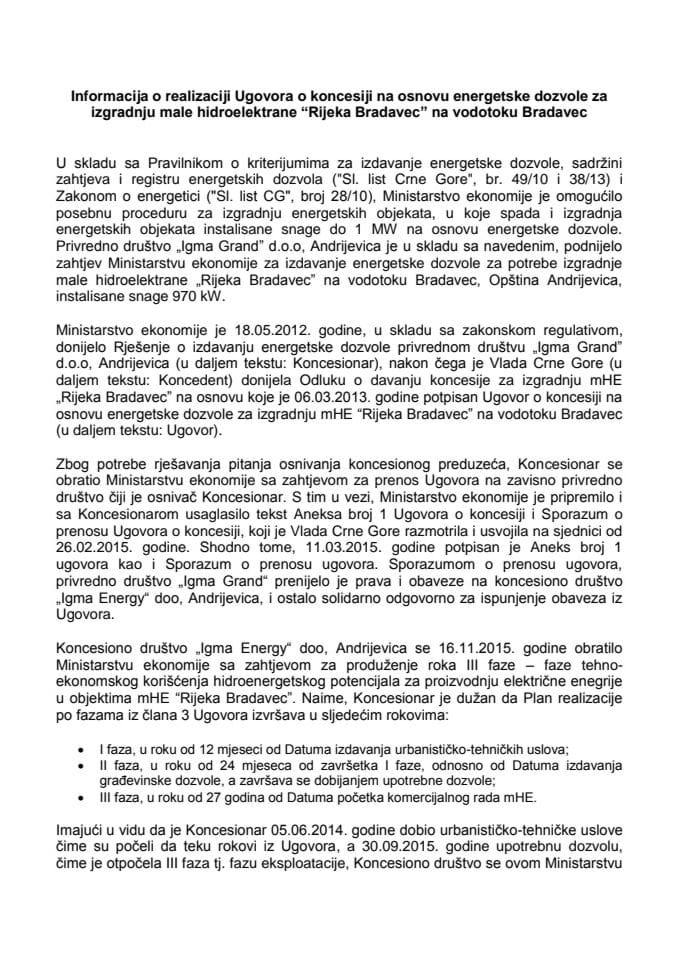 Informacija o realizaciji Ugovora o koncesiji na osnovu energetske dozvole za izgradnju male hidroelektrane „Rijeka Bradavec“ na vodotoku Bradavec s Predlogom aneksa br. 2 Ugovora o koncesiji