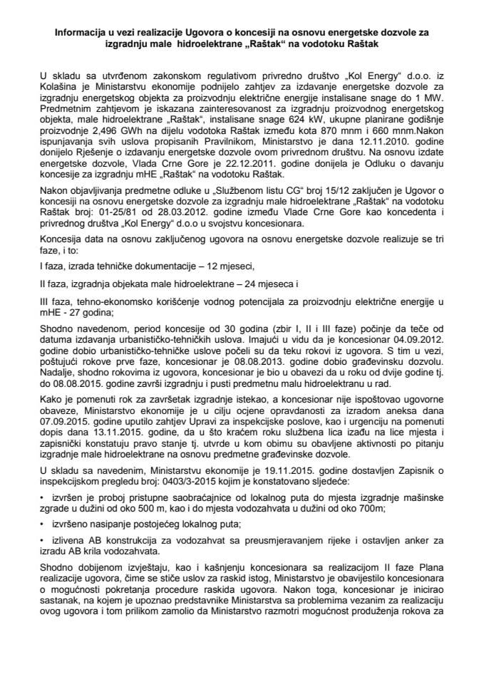 Informacija u vezi realizacije Ugovora o koncesiji na osnovu energetske dozvole za izgradnju male hidroelektrane "Raštak" na vodotoku Raštak s Predlogom aneksa broj 1 Ugovora o koncesiji na osnovu ene