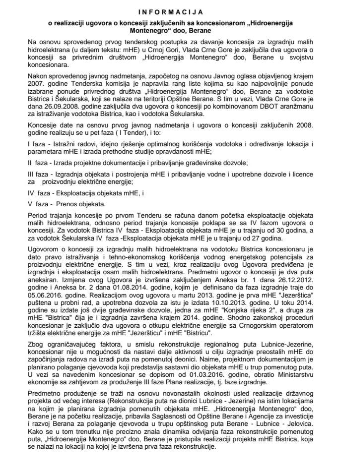 Informacija o realizaciji ugovora o koncesiji zaključenih sa koncesionarom "Hidroenergija Montenegro" doo Berane s predlozima aneksa