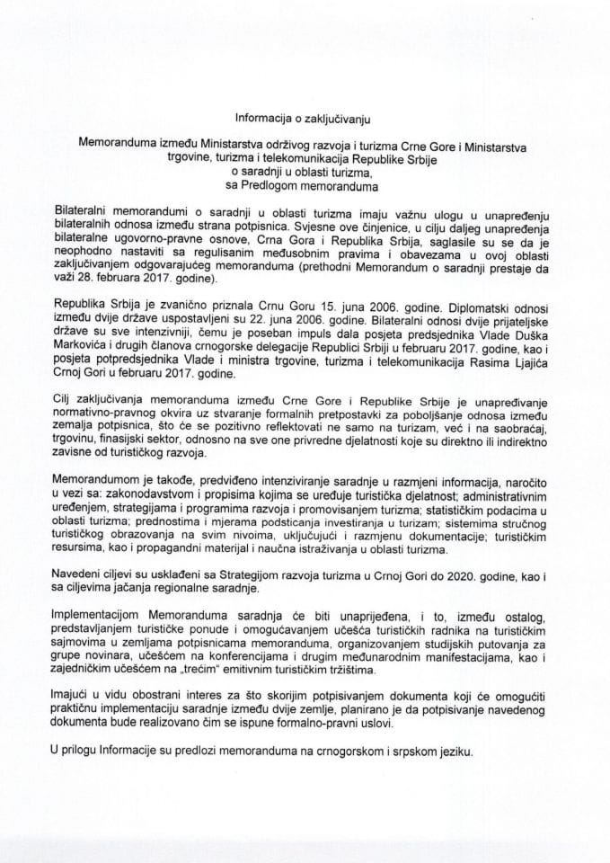 Informacija o zaključivanju Memoranduma između Ministarstva održivog razvoja i turizma Crne Gore i Ministarstva trgovine, turizma i telekomunikacija Republike Srbije o saradnji u oblasti turizma s Pre