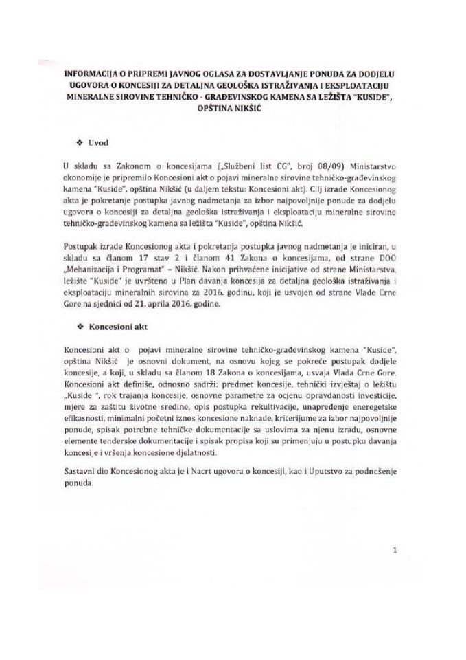 Informacija o pripremi javnog oglasa za dostavljanje ponuda za dodjelu ugovora o koncesiji za detaljna geološka istraživanja i eksploataciju mineralne sirovine tehničko-građevinskog kamena sa ležišta 