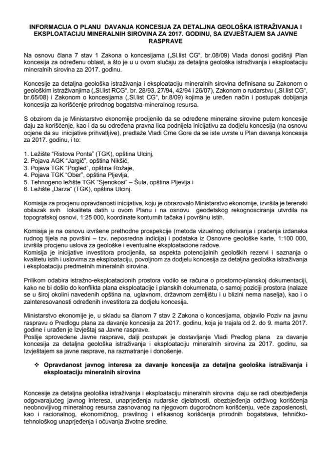 Predlog plana davanja koncesija za detaljna geološka istraživanja i eksploataciju mineralnih sirovina za 2017. godinu sa Izvještajem sa javne rasprave