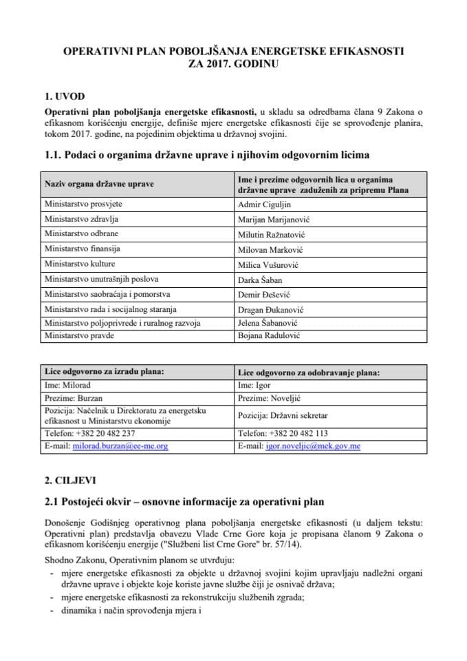 Predlog operativnog plana poboljšanja energetske efikasnosti za 2017. godinu i Izvještaj o realizaciji Operativnog plana poboljšanja energetske efikasnosti za 2016. godinu