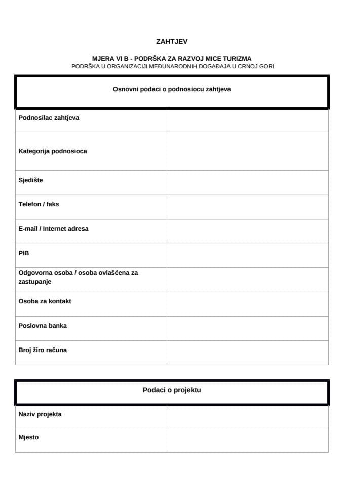 Zahtjev Mjera VI B - Podrška za razvoj MICE turizma
