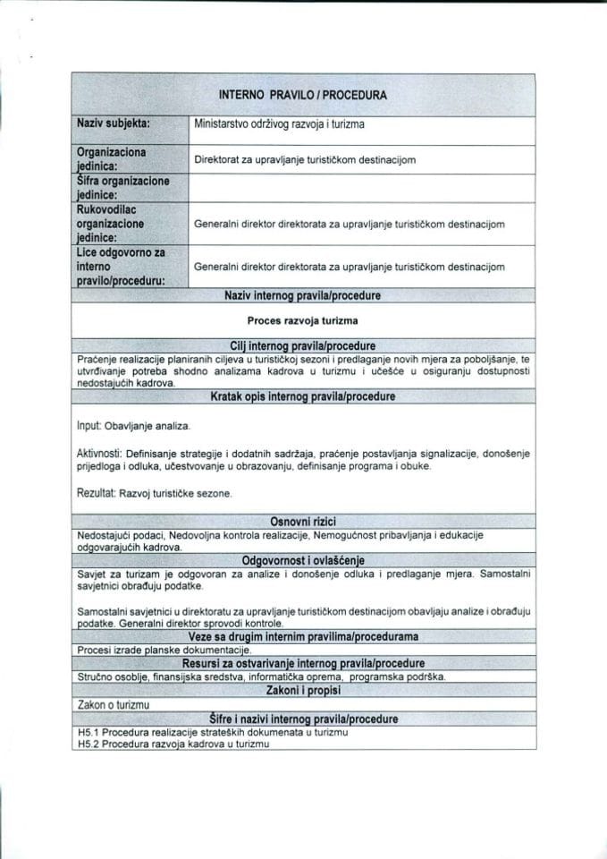 H 5.1, 5.2 Interna pravila - procedure relizacije srateskih dokumenata u turizmu turizmu