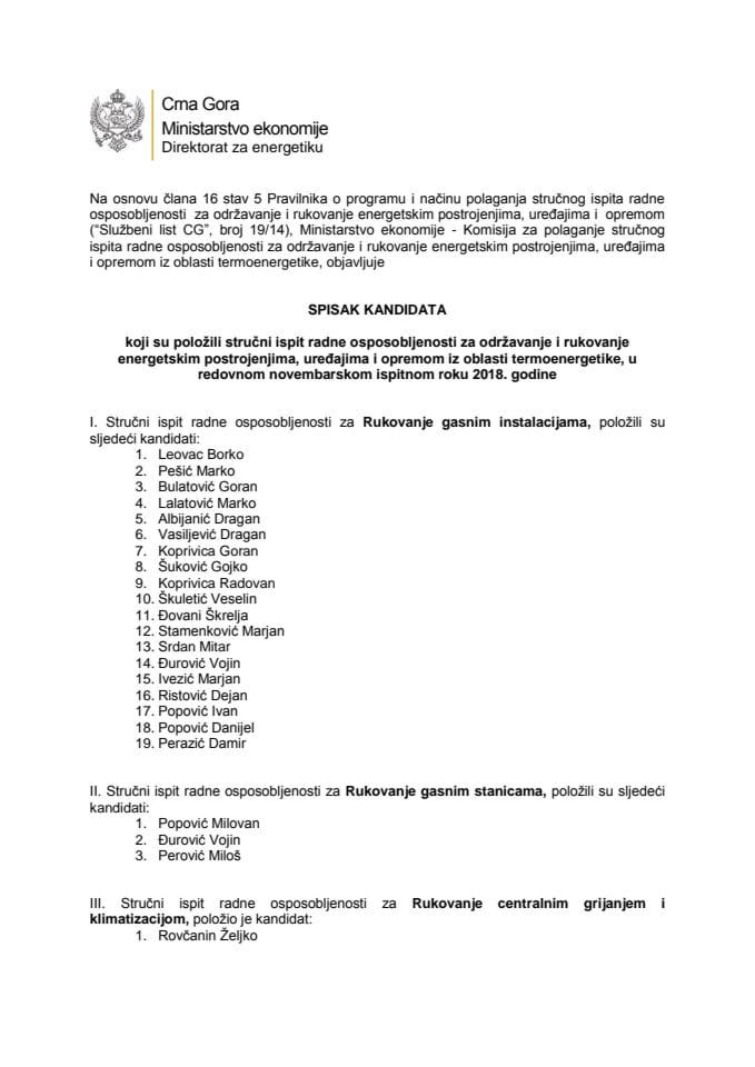 Spisak kandidata o položenom stručnom ispitu - novembarski rok 