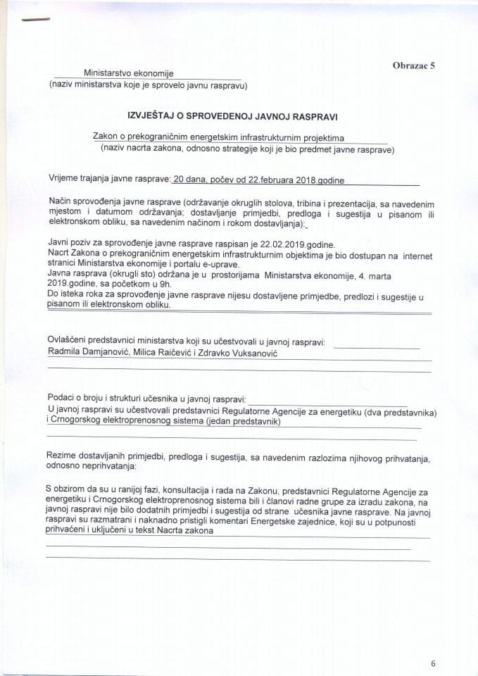 Izvještaj o sprovedenoj javnoj raspravi za Nacrt Zakona o prekograničnim energetskim infrastrukturnim projektima