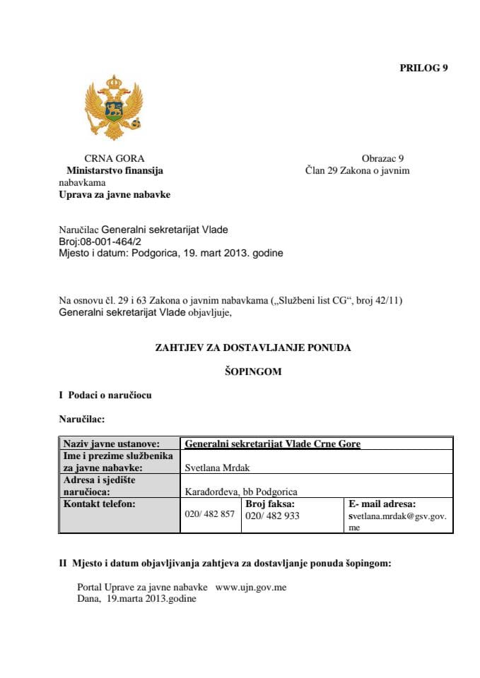 Zahtjev za dostavljanje ponuda za kasko osiguranje sluzbenih vozila Generalog sekretarijata Vlade Crne Gore