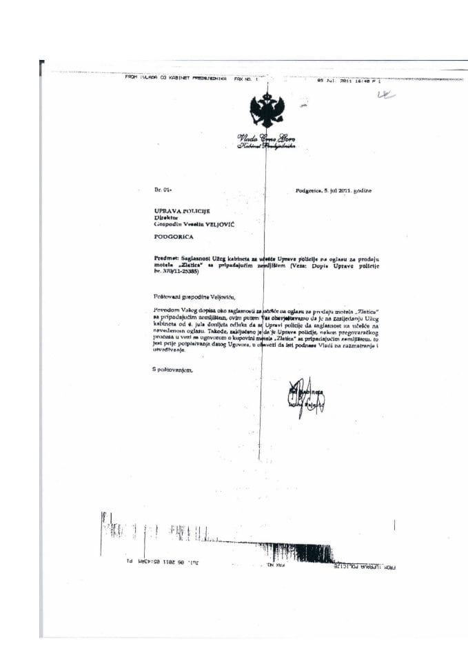 Saglasnost izdata Upravi policije za učešće na javnom tenderu za prodaju Kampa na Zlatici kojoj je pristup dozvoljen rješenjem Generalnog sekretarijata Vlade broj UP 18/3-13, od 6. marta 2013. godine