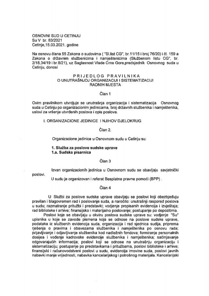 Predlog pravilnika o unutrašnjoj organizaciji i sistematizaciji Osnovnog suda u Cetinju