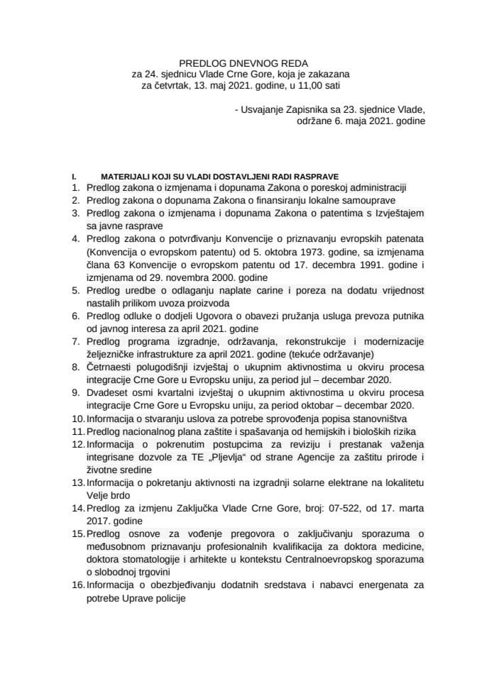 Предлог дневног реда за 24. сједницу Владе Црне Горе