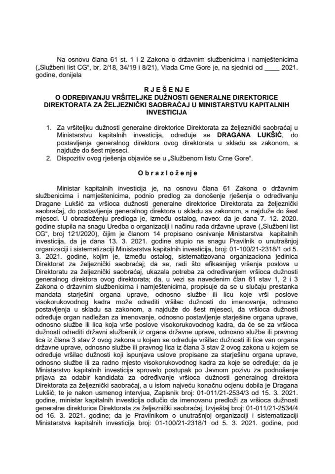 Predlog za određivanje vršiteljke dužnosti generalne direktorice Direktorata za željeznički saobraćaj u Ministarstvu kapitalnih investicija