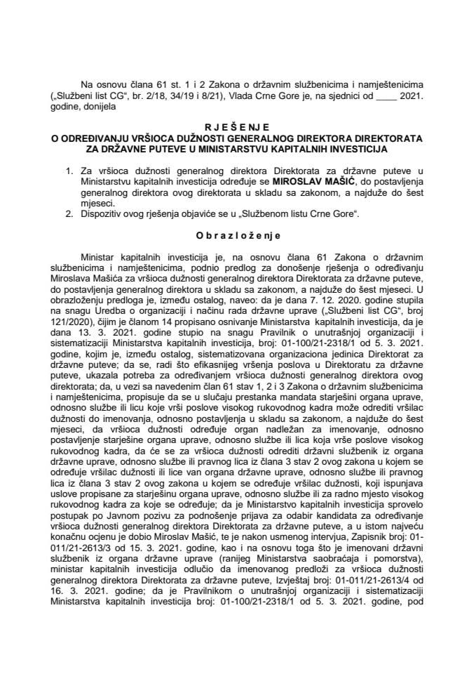 Predlog za određivanje vršioca dužnosti generalnog direktora Direktorata za državne puteve u Ministarstvu kapitalnih investicija