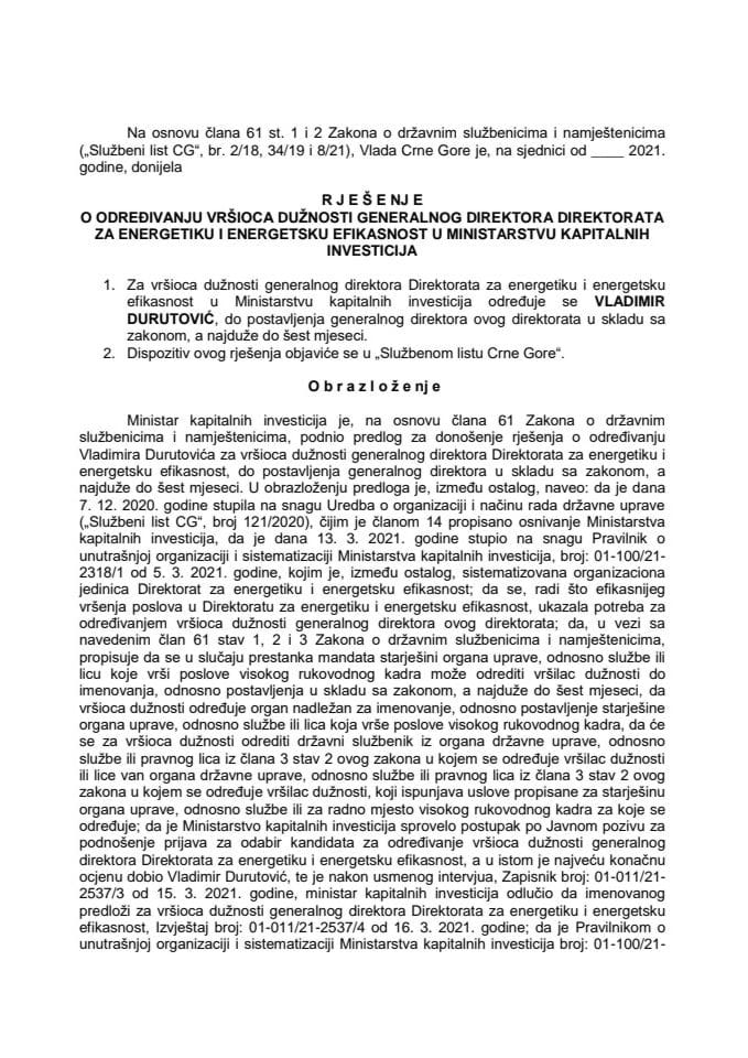 Predlog za određivanje vršioca dužnosti generalnog direktora Direktorata za energetiku i energetsku efikasnost u Ministarstvu kapitalnih investicija