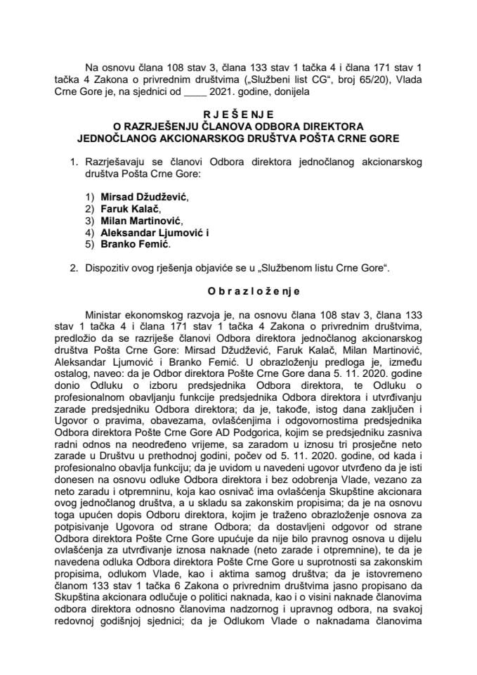 Predlog za razrješenje članova Odbora direktora jednočlanog akcionarskog društva Pošta Crne Gore