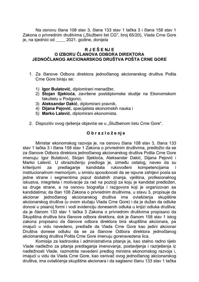Predlog za imenovanje članova Odbora direktora jednočlanog akcionarskog društva Pošta Crne Gore