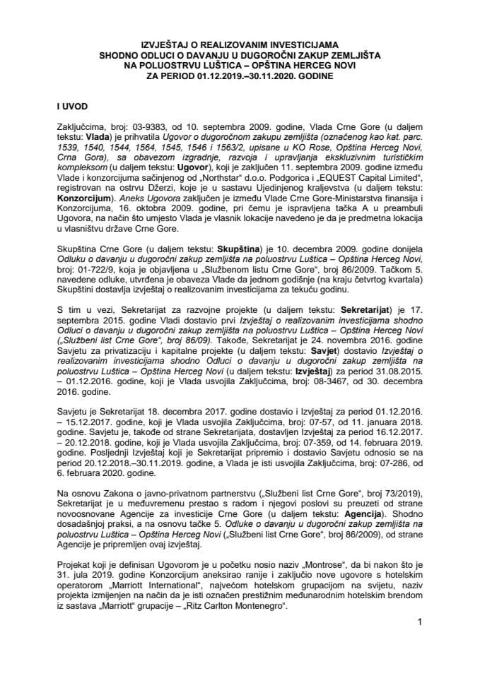 Извјештај о реализованим инвестицијама сходно Одлуци о давању у дугорочни закуп земљишта на полуострву Луштица, Општина Херцег Нови, за период 1.12.2019 – 30.11.2020. године