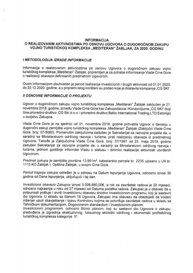 Информација о реализованим активностима по основу Уговора о дугорочном закупу војно-туристичког комплекса „Медитеран“ Жабљак, за 2020. годину